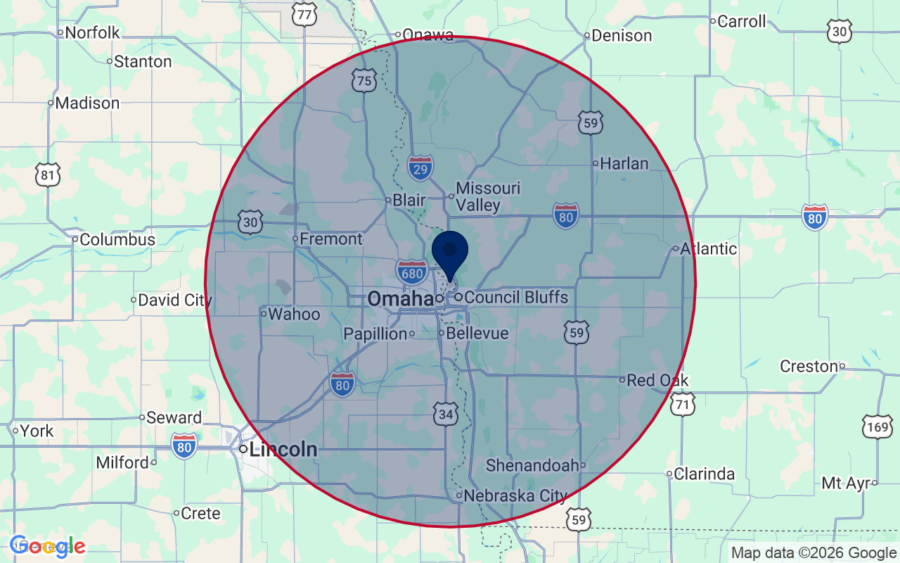 Map of OMA Transport's ~50-mile service area around Eppley Airfield